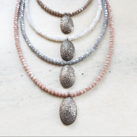 Pave Oval Light Blue Beaded Quartz Necklace 16" - Picture 6 of 6